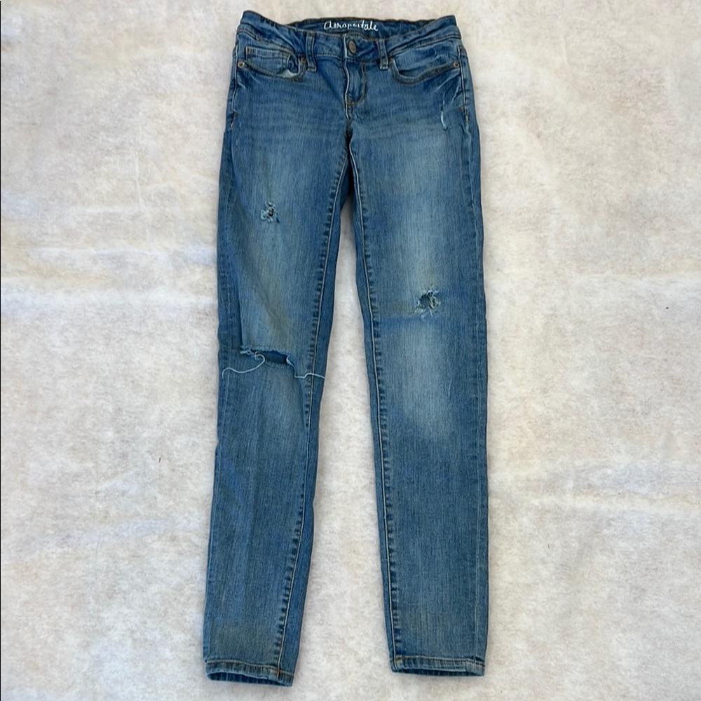 American Eagle Outfitters Blue Skinny Jeans with Distressed Details